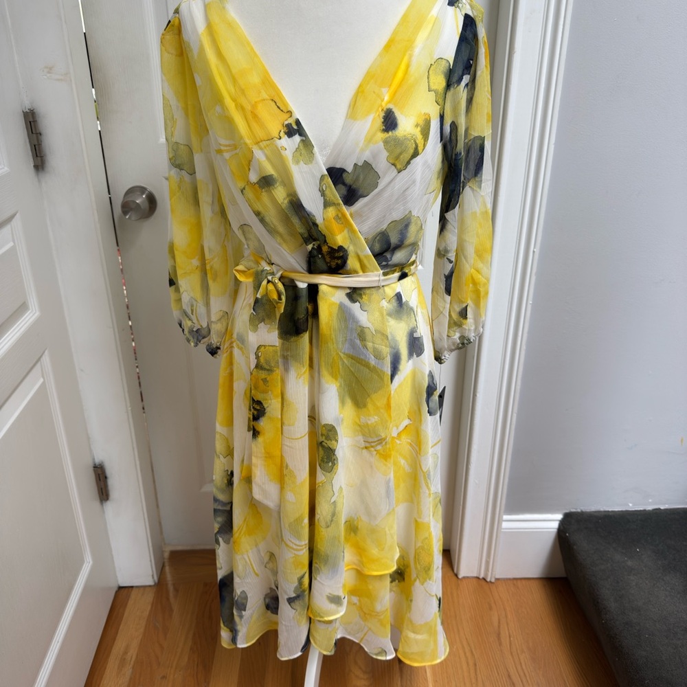 NWT Easter, spring wedding DKNY Yellow and Black Floral Wrap Dress